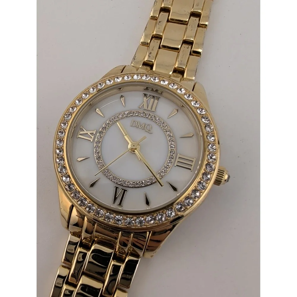 DMQ QVC Women's Watch 34mm MOP Dial Gold CZ Bezel New Battery 6.5